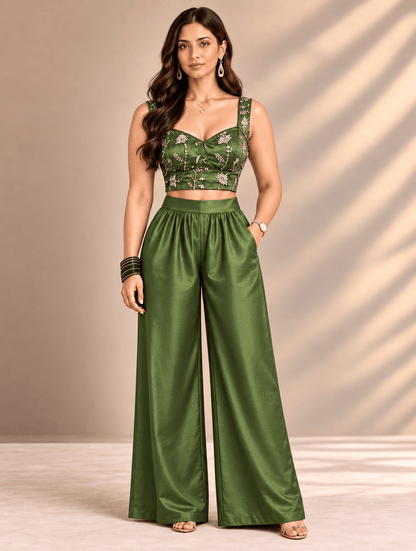 Zinniars Rave’ Hand-Beaded Olive Bustier & Viscose Palazzo Set