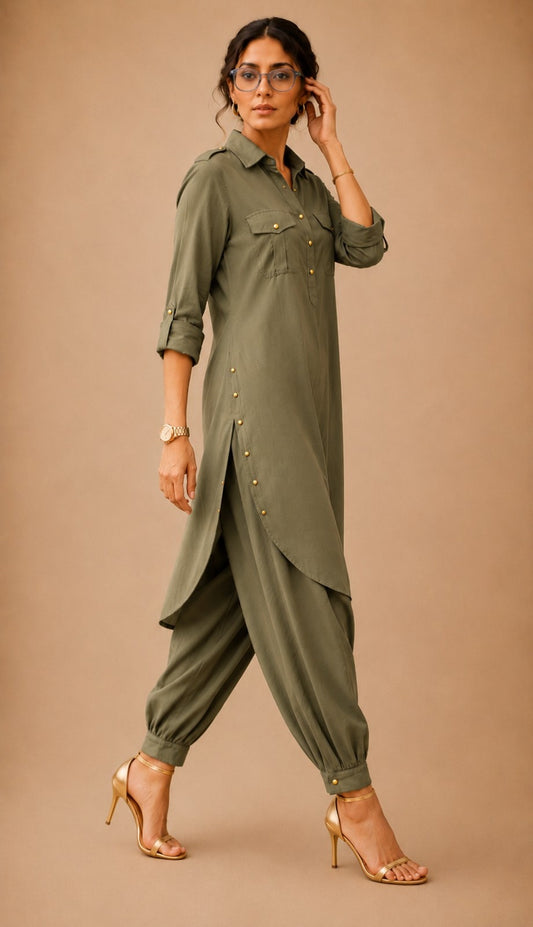 Renu Olive Green Cotton Viscose Kurta & Dhoti Pant Co-ord Set for Women