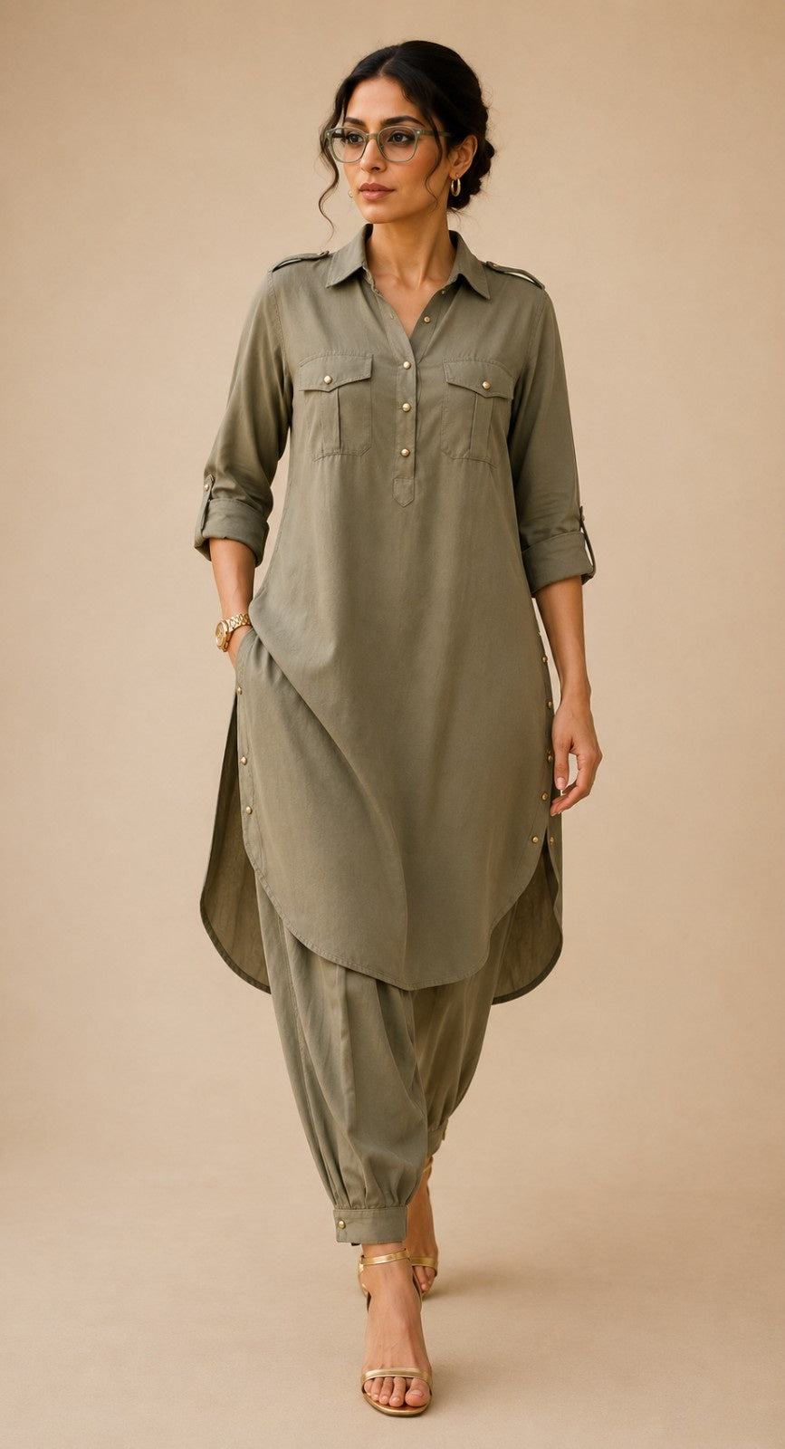 Renu Olive Green Cotton Viscose Kurta & Dhoti Pant Co-ord Set for Women