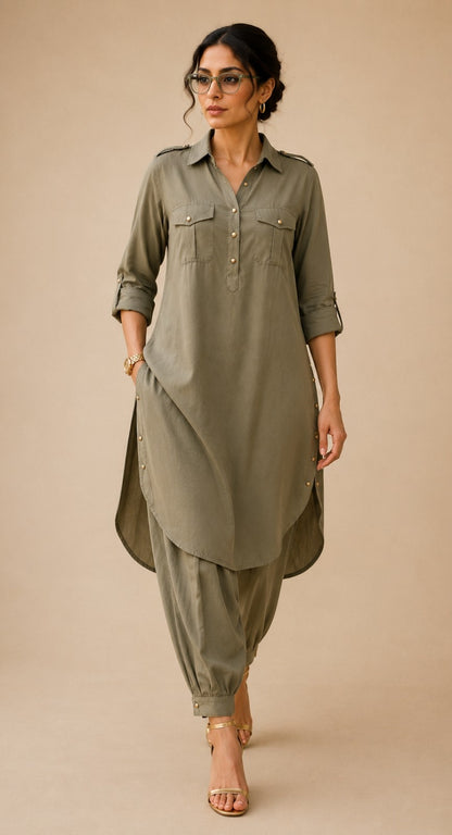 Renu Olive Green Cotton Viscose Kurta & Dhoti Pant Co-ord Set for Women