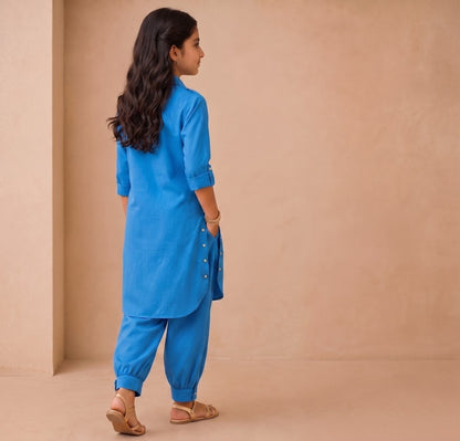Renu Mini  Cobalt Blue Cotton Viscose Kurta & Dhoti Pant Co-ord Set for Girls