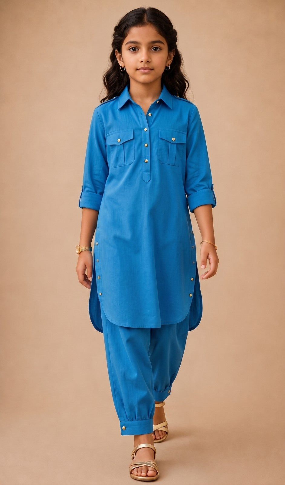 Renu Mini  Cobalt Blue Cotton Viscose Kurta & Dhoti Pant Co-ord Set for Girls