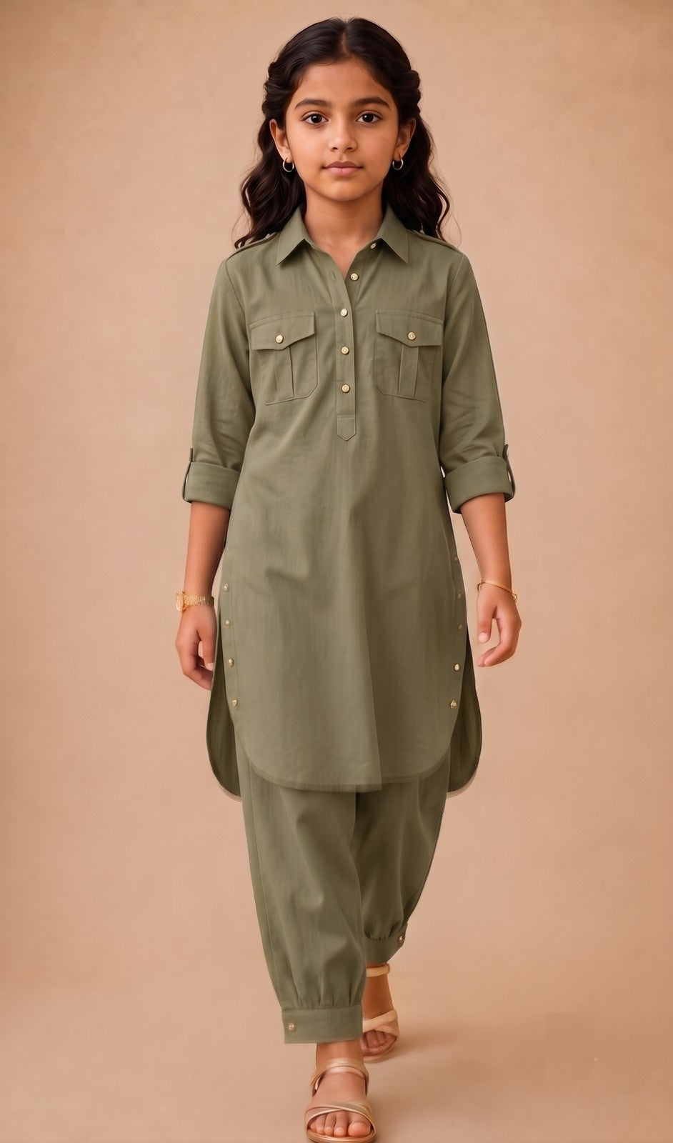 Renu Mini  Olive Green Cotton Viscose Kurta & Dhoti Pant Co-ord Set for Girls