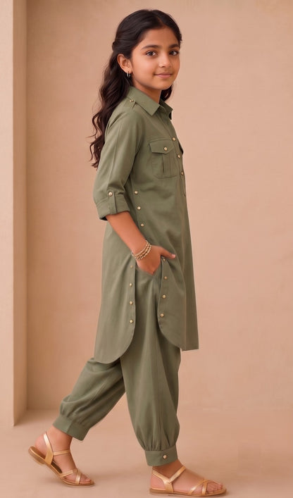 Renu Mini  Olive Green Cotton Viscose Kurta & Dhoti Pant Co-ord Set for Girls