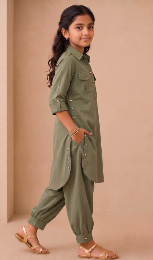 Renu Mini  Olive Green Cotton Viscose Kurta & Dhoti Pant Co-ord Set for Girls