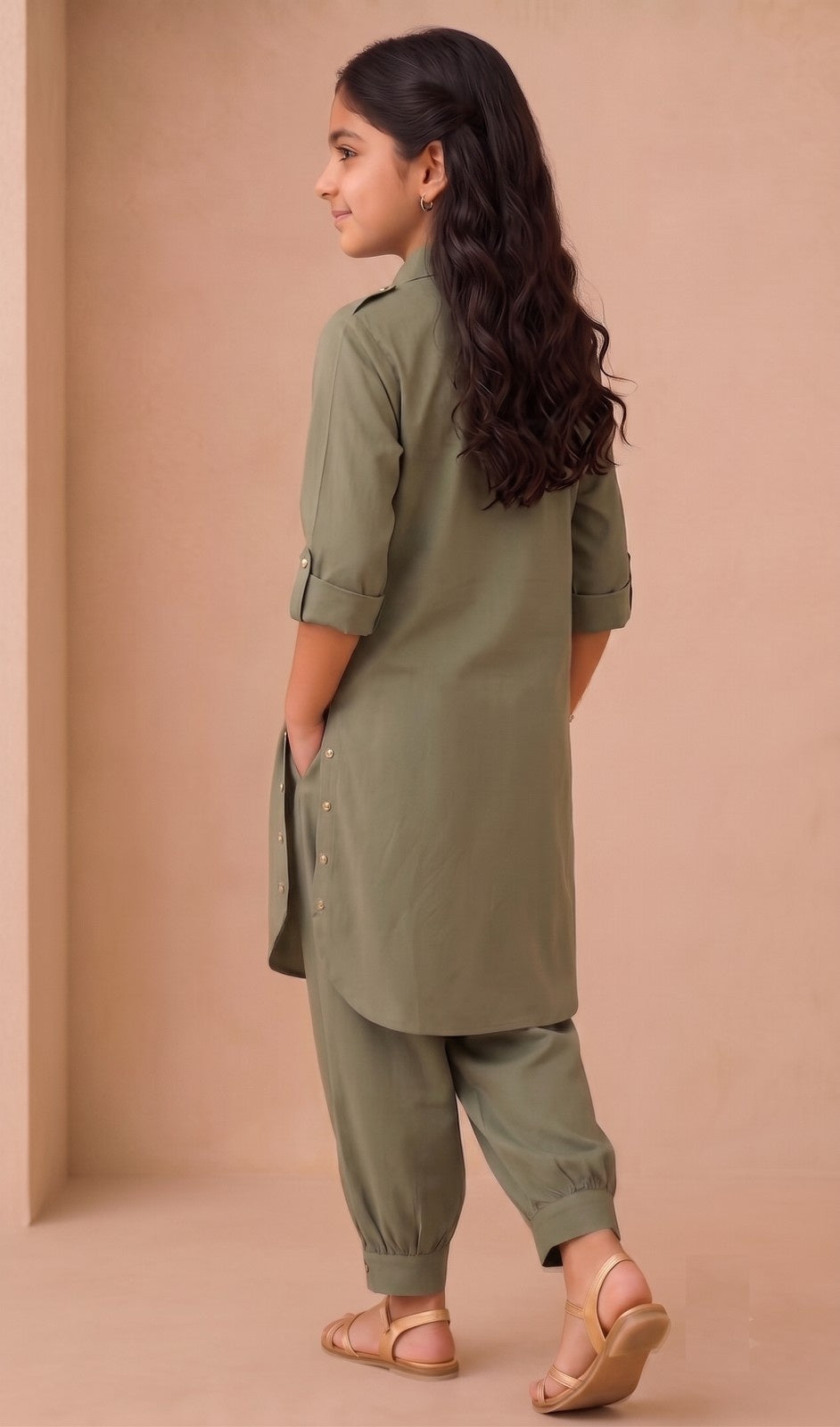 Renu Mini  Olive Green Cotton Viscose Kurta & Dhoti Pant Co-ord Set for Girls