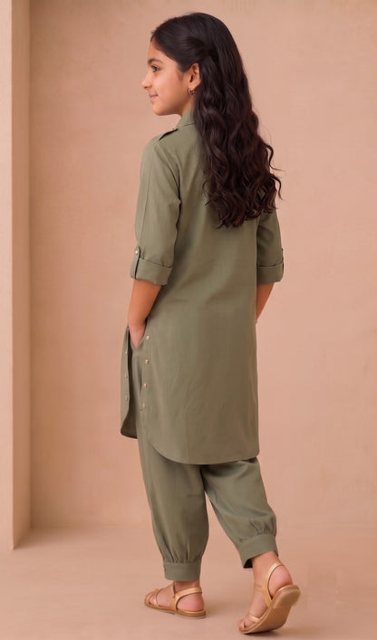 Renu Mini  Olive Green Cotton Viscose Kurta & Dhoti Pant Co-ord Set for Girls