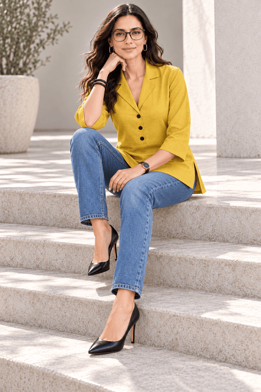 Diva – Cotton Viscose Coat Collar Mustard Short Kurti for Women | Zinniars