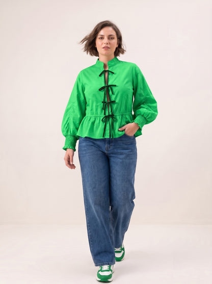 Rosy Premium Velvet Tie-Knot Front Cotton Peplum Top with Smocked Long Sleeves