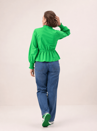 Rosy Premium Velvet Tie-Knot Front Cotton Peplum Top with Smocked Long Sleeves