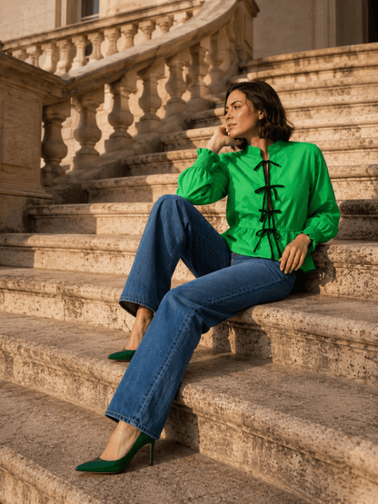 Rosy Premium Velvet Tie-Knot Front Cotton Peplum Top with Smocked Long Sleeves