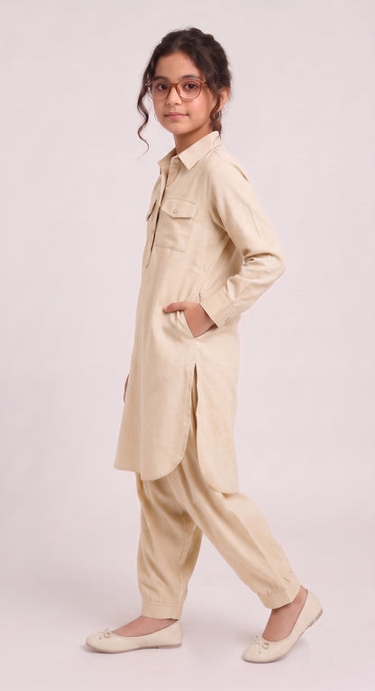 Saathiya Mini Ivory Cotton Viscose Kurta & Dhoti Pant Co-ord Set for Girls