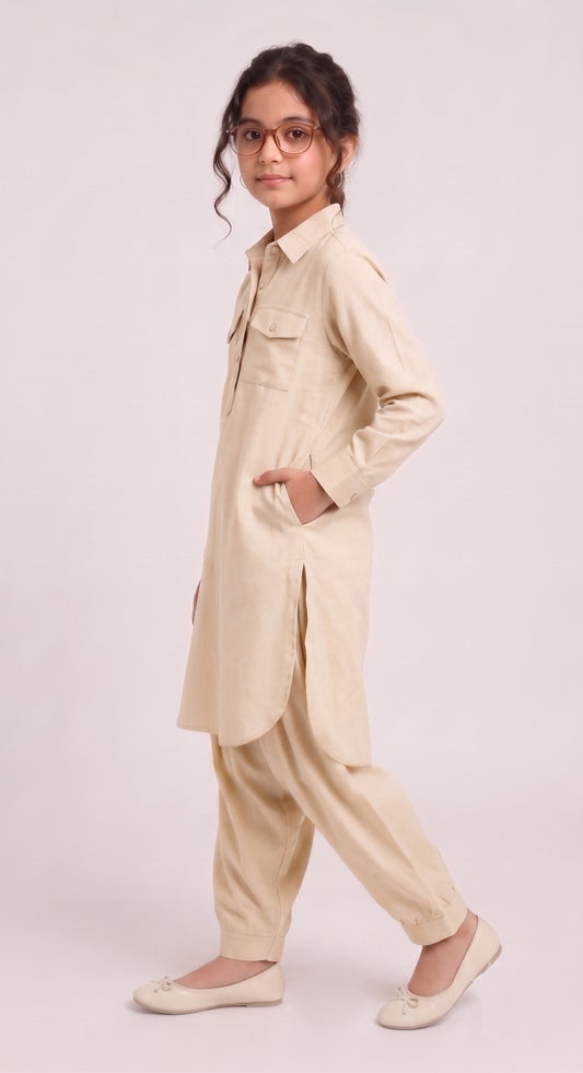 Saathiya Mini Ivory Cotton Viscose Kurta & Dhoti Pant Co-ord Set for Girls