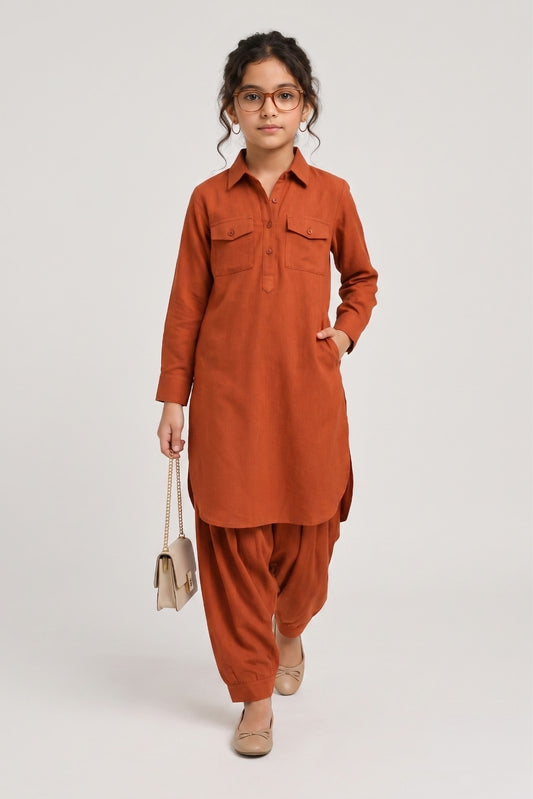 Saathiya Mini Rust Cotton Viscose Kurta & Dhoti Pant Co-ord Set for Girls