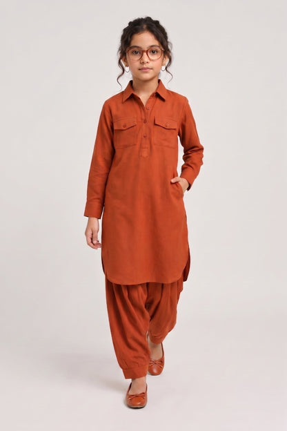 Saathiya Mini Rust Cotton Viscose Kurta & Dhoti Pant Co-ord Set for Girls
