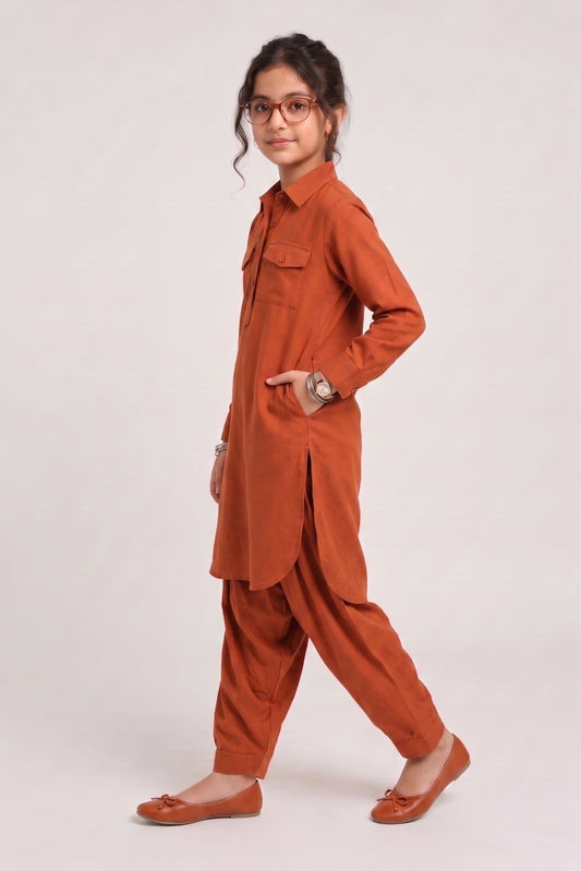 Saathiya Mini Rust Cotton Viscose Kurta & Dhoti Pant Co-ord Set for Girls