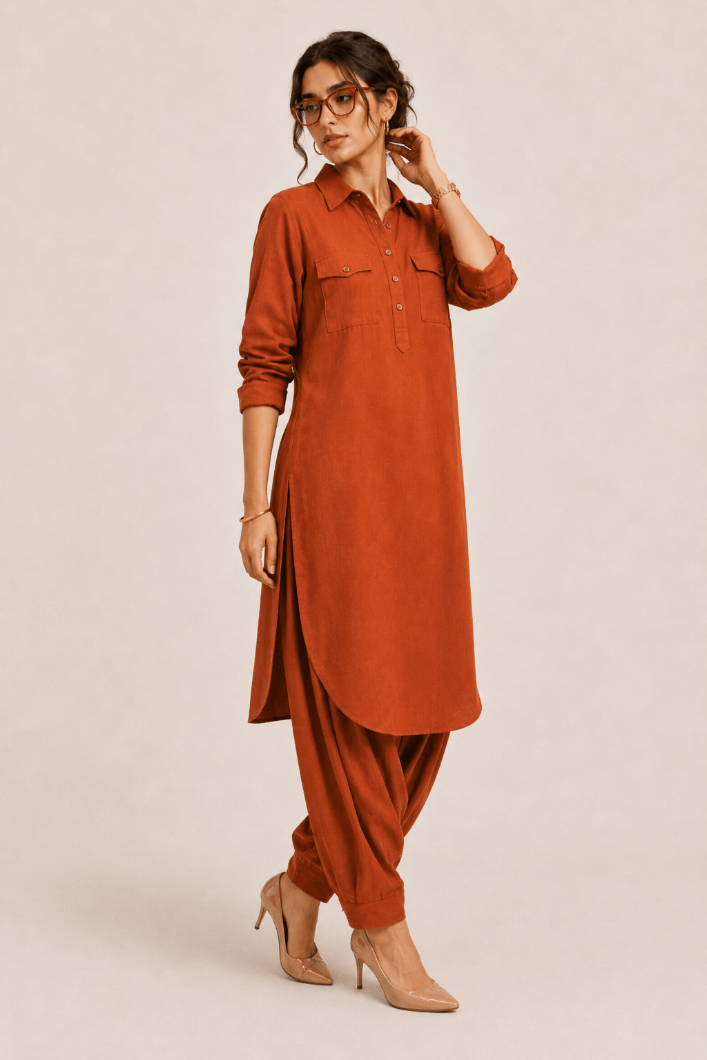 Saathiya Indo World Rust Women's Work Wear Ensemble in Cotton Viscose