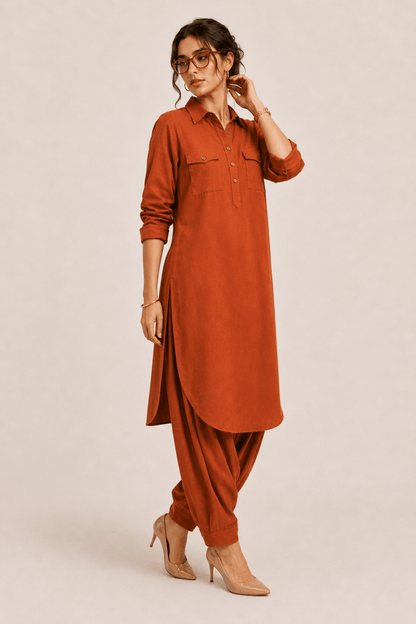 Saathiya Indo World Rust Women's Work Wear Ensemble in Cotton Viscose