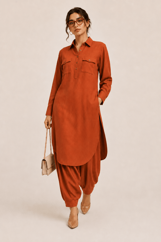 Saathiya Indo World Rust Women's Work Wear Ensemble in Cotton Viscose