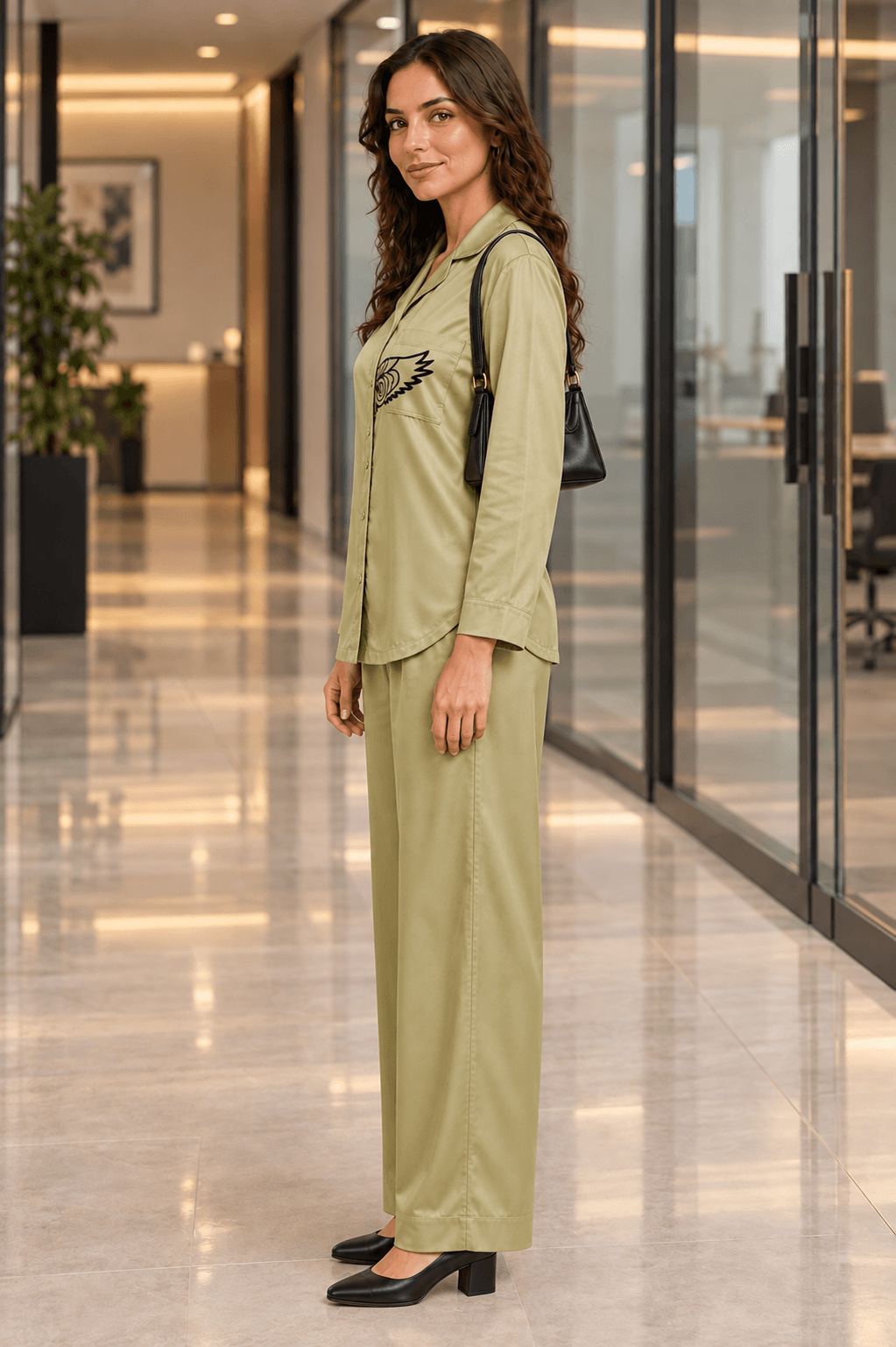 Seema Golden Moss Premium  Cotton Satin Eagle Co-ord Set for Women