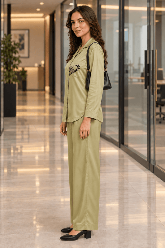 Seema Golden Moss Premium  Cotton Satin Eagle Co-ord Set for Women