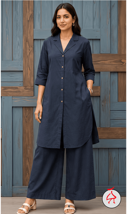 Sehaj Dark Blue Cotton Viscose Coord Set- Palazzo
