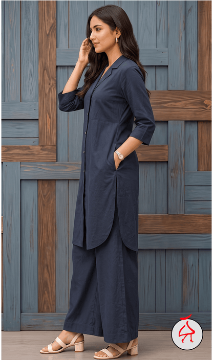 Sehaj Dark Blue Cotton Viscose Coord Set- Palazzo