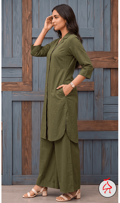 Sehaj Olive Green Cotton Viscose Coord Set- Palazzo