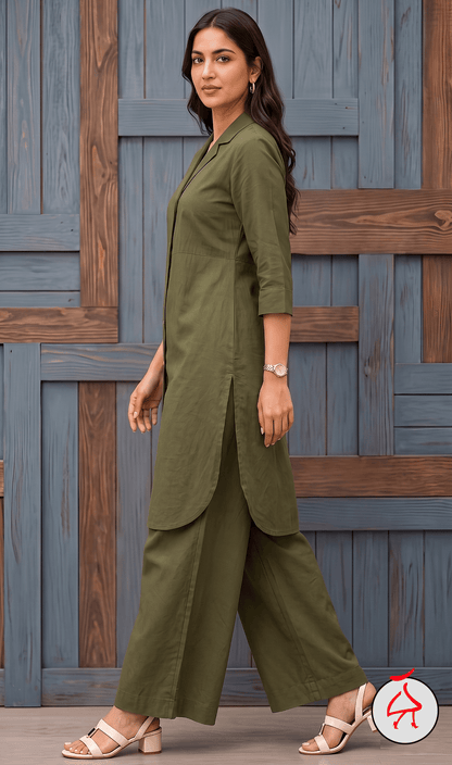 Sehaj Olive Green Cotton Viscose Coord Set- Palazzo