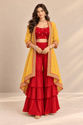 Sona Red Mustard Embroidered Cape Crop Top & Ruffle Palazzo 3 Pc Set | Zinniars