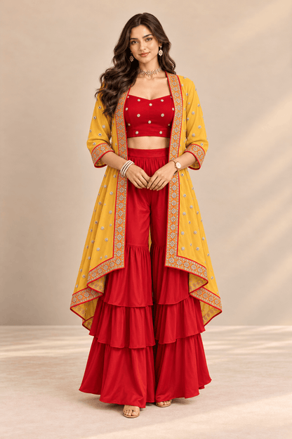 Sona Red Mustard Embroidered Cape Crop Top & Ruffle Palazzo 3 Pc Set | Zinniars