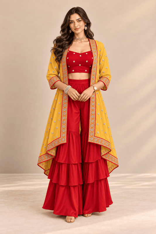 Sona Red Mustard Embroidered Cape Crop Top & Ruffle Palazzo 3 Pc Set | Zinniars