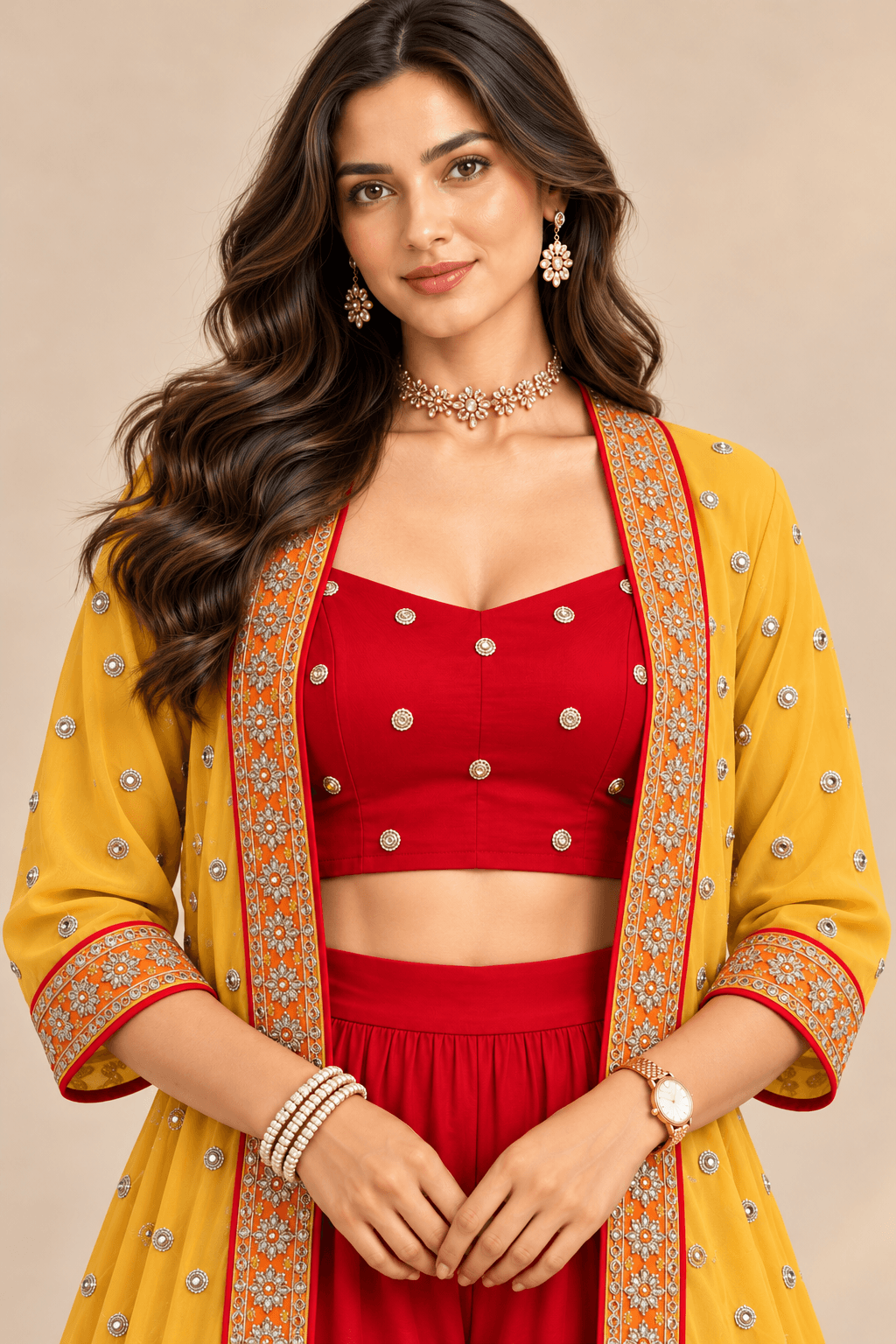 Sona Red Mustard Embroidered Cape Crop Top & Ruffle Palazzo 3 Pc Set | Zinniars