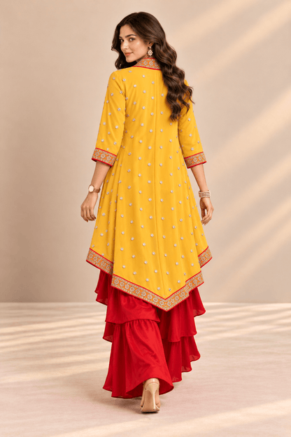 Sona Red Mustard Embroidered Cape Crop Top & Ruffle Palazzo 3 Pc Set | Zinniars