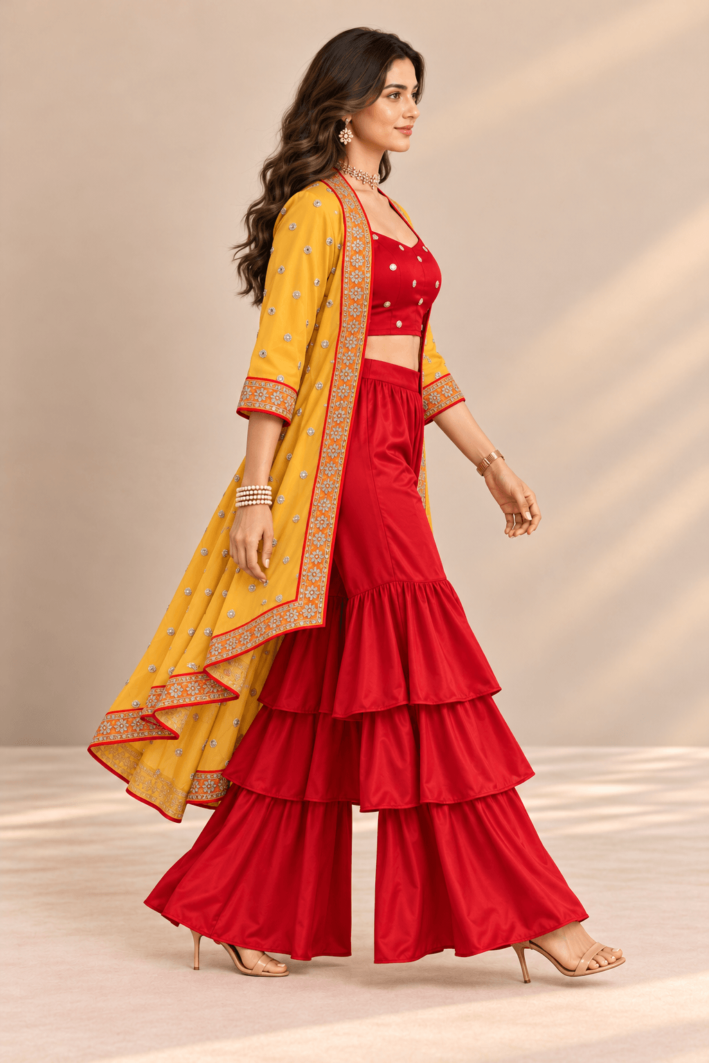 Sona Red Mustard Embroidered Cape Crop Top & Ruffle Palazzo 3 Pc Set | Zinniars