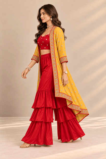 Sona Red Mustard Embroidered Cape Crop Top & Ruffle Palazzo 3 Pc Set | Zinniars