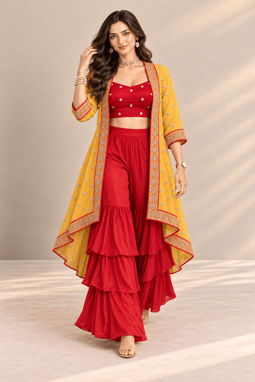 Sona Red Mustard Embroidered Cape Crop Top & Ruffle Palazzo 3 Pc Set | Zinniars