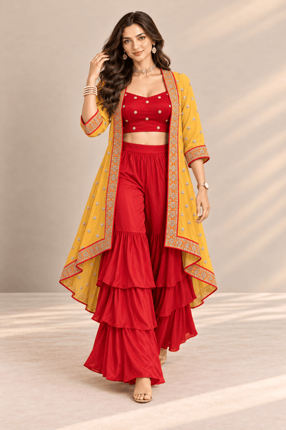 Sona Red Mustard Embroidered Cape Crop Top & Ruffle Palazzo 3 Pc Set | Zinniars