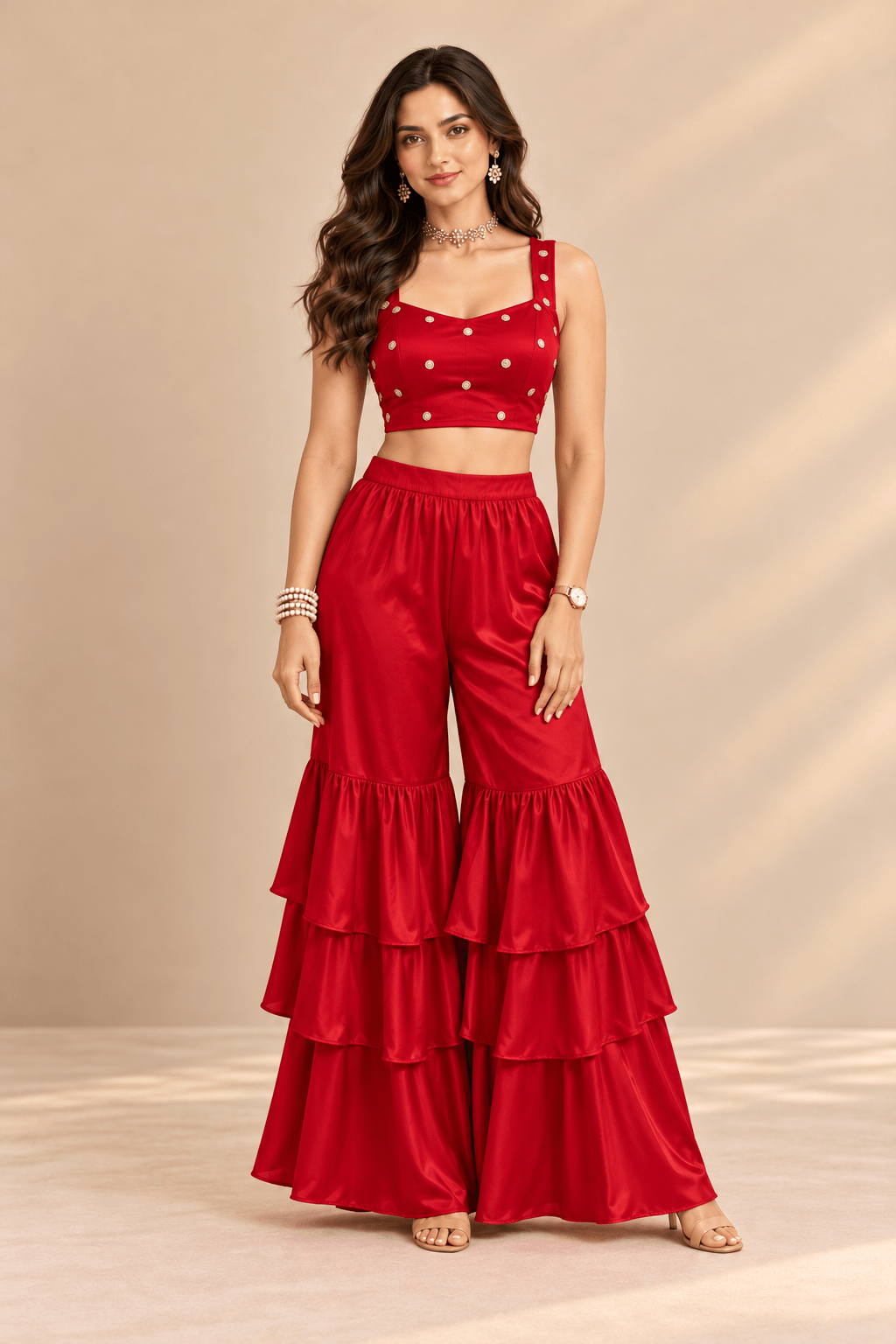 Sona Red Embellished Crop Top & Ruffle Palazzo Party 2 Pc Set | Zinniars
