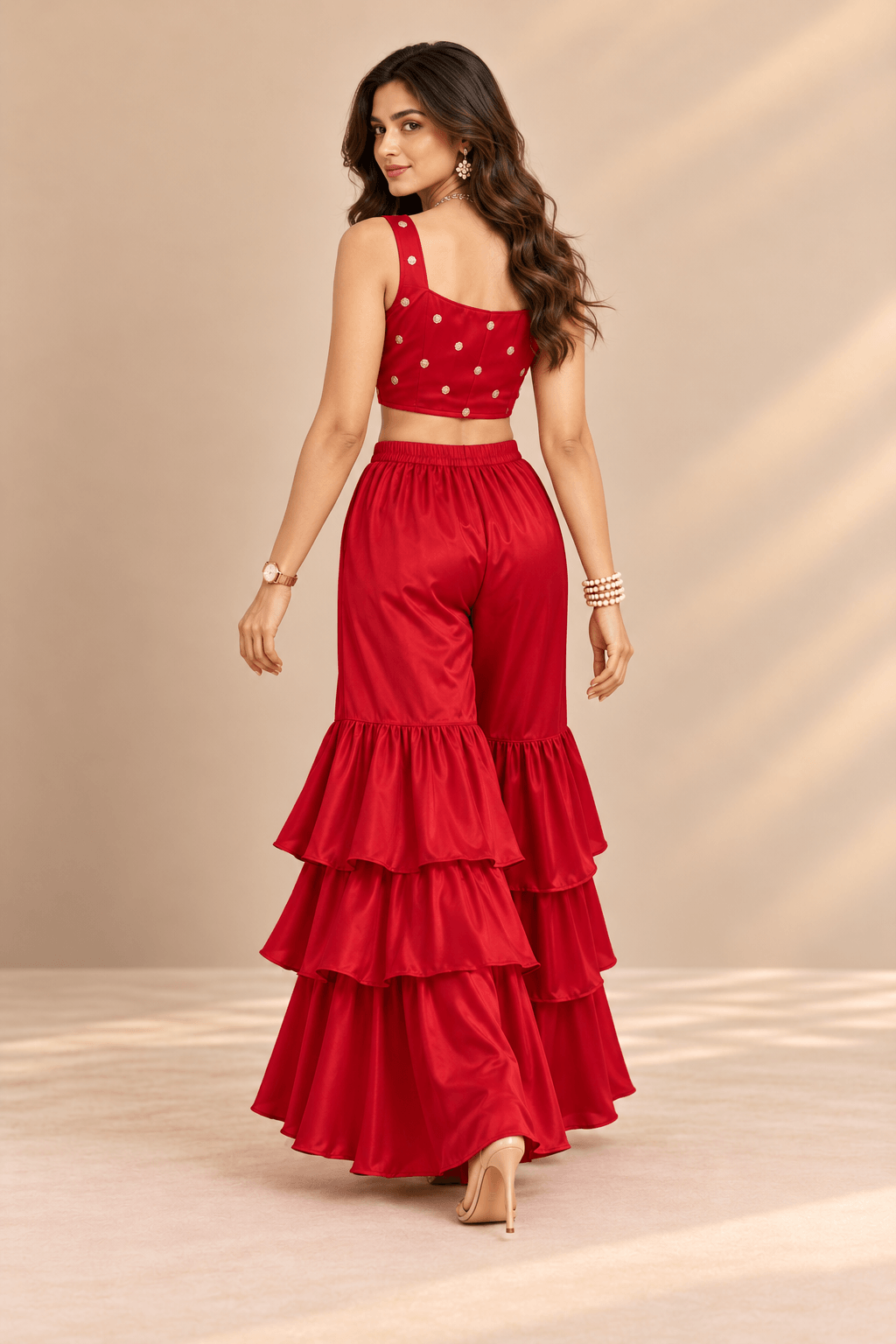 Sona Red Embellished Crop Top & Ruffle Palazzo Party 2 Pc Set | Zinniars