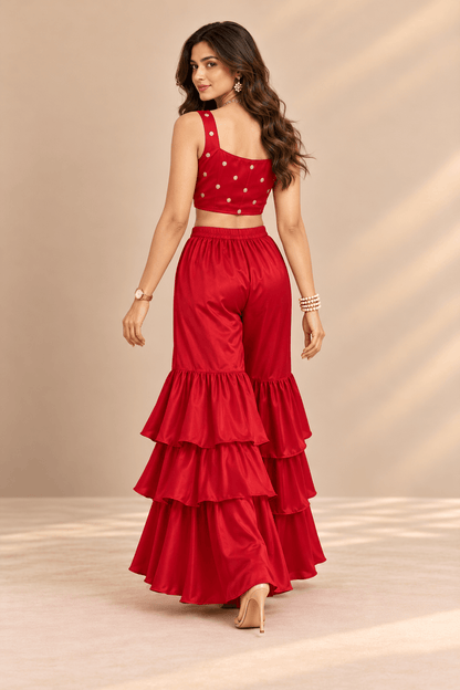 Sona Red Embellished Crop Top & Ruffle Palazzo Party 2 Pc Set | Zinniars
