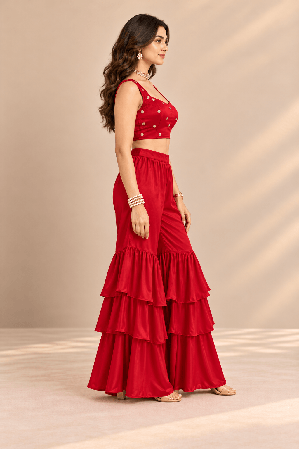 Sona Red Embellished Crop Top & Ruffle Palazzo Party 2 Pc Set | Zinniars