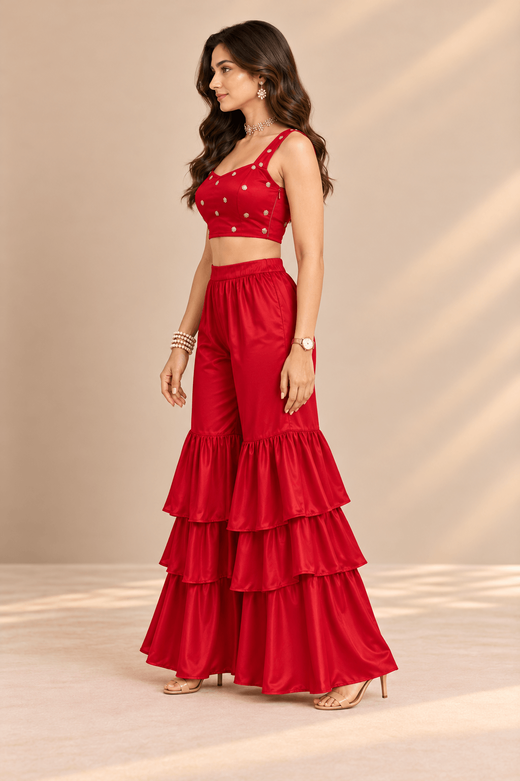 Sona Red Embellished Crop Top & Ruffle Palazzo Party 2 Pc Set | Zinniars