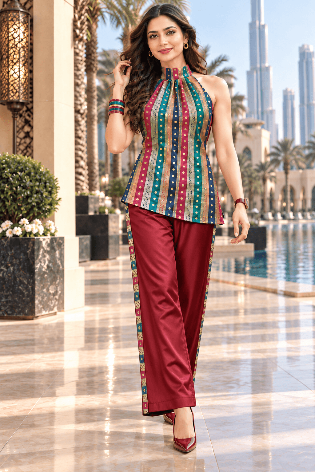 Suruchi Brocade Halter Tunic & Wide Leg Trouser Set| Zinniars