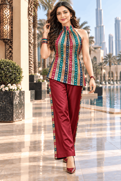 Suruchi Brocade Halter Tunic & Wide Leg Trouser Set| Zinniars