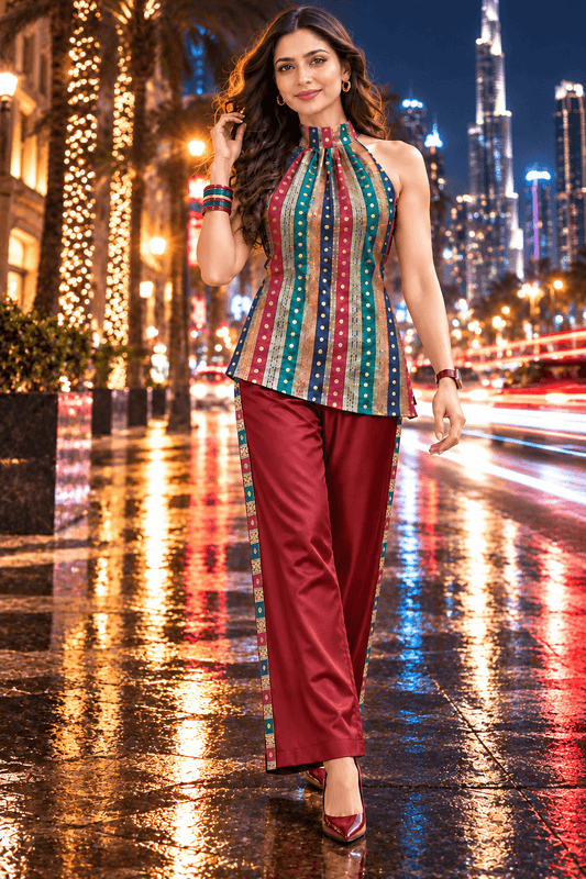 Suruchi Brocade Halter Tunic & Wide Leg Trouser Set| Zinniars