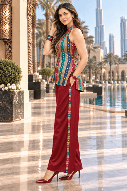Suruchi Brocade Halter Tunic & Wide Leg Trouser Set| Zinniars