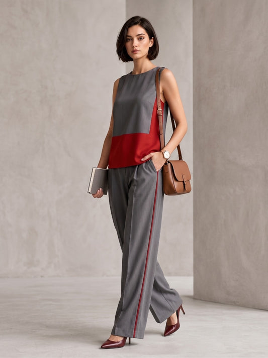 Susan España Blended Cotton Viscose Sleeve less Suit Set for Office Wear