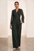 Kamal Indo World – Bottle Green Banana Crepe Party Wear Romper with Hand Embellished Lace