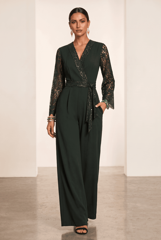 Kamal Indo World – Bottle Green Banana Crepe Party Wear Romper with Hand Embellished Lace